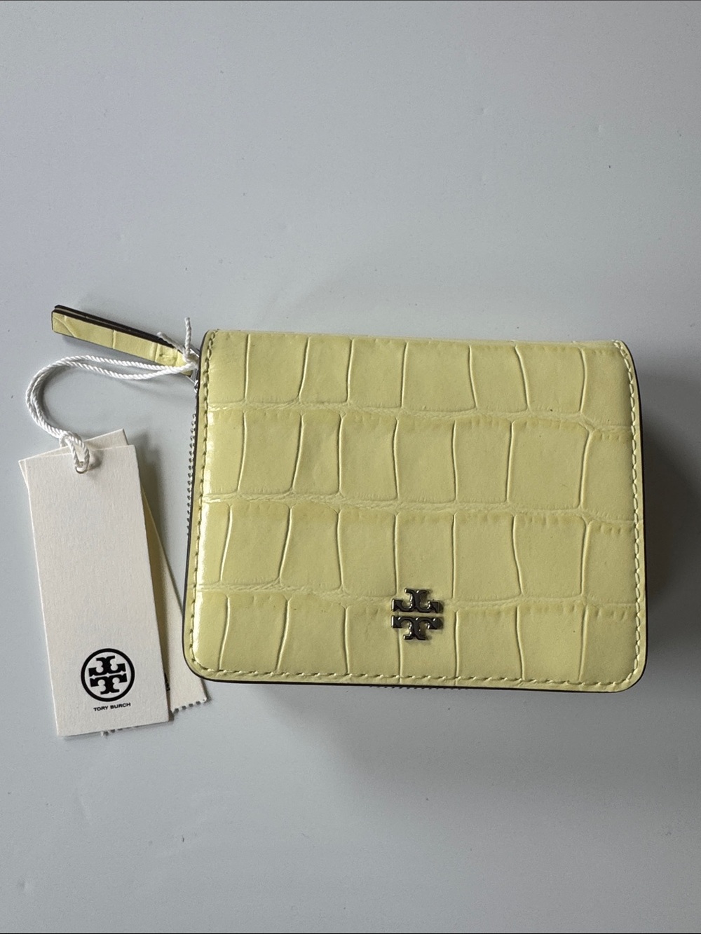 Tory Burch Emerson Croc-Embossed Mini Zip Wallet in Pastel Yellow
